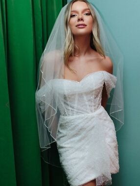 Anthropologie Watters Gibson Off The Shoulder Beaded Sequin White Mini Dress